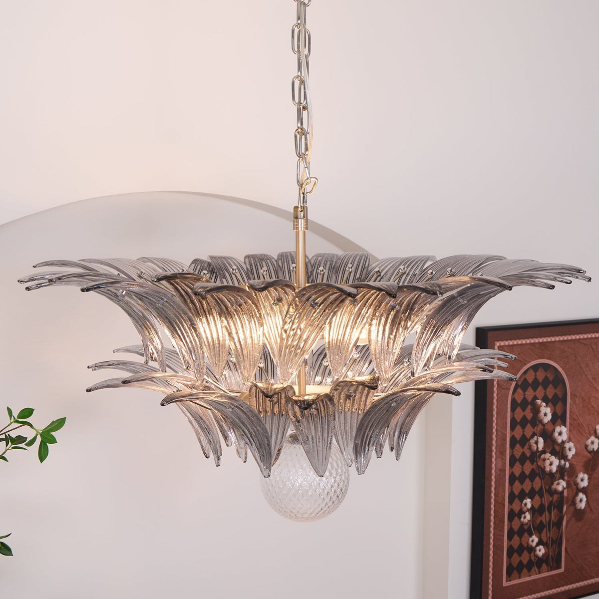 Candelabro Liororira com folha palmeta em vidro Murano transparente, em camadas