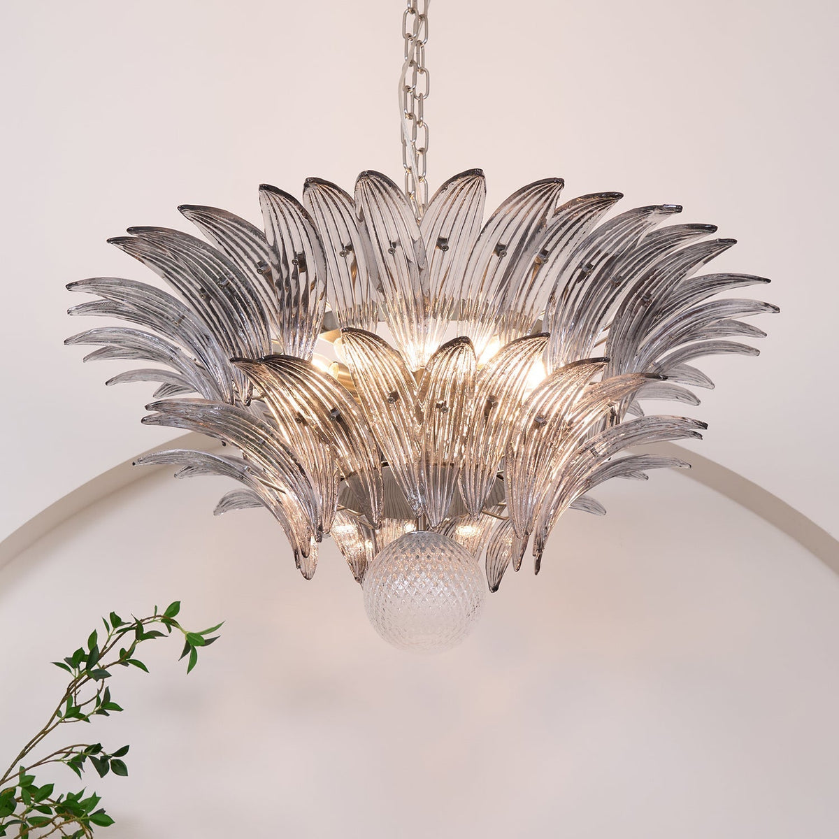 Candelabro Liororira com folha palmeta em vidro Murano transparente, em camadas