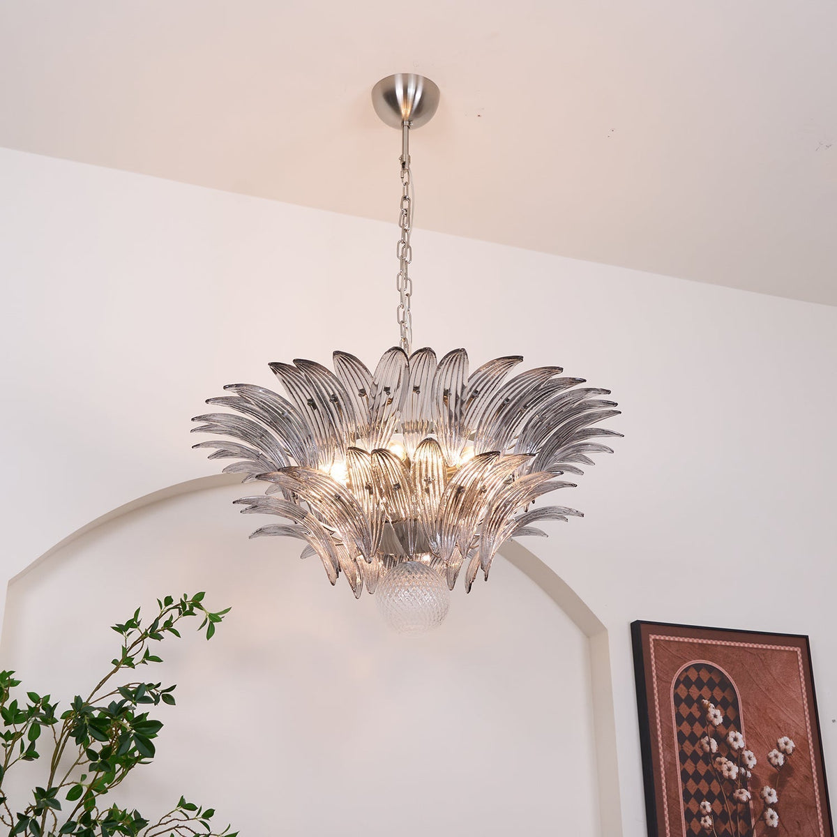 Candelabro Liororira com folha palmeta em vidro Murano transparente, em camadas