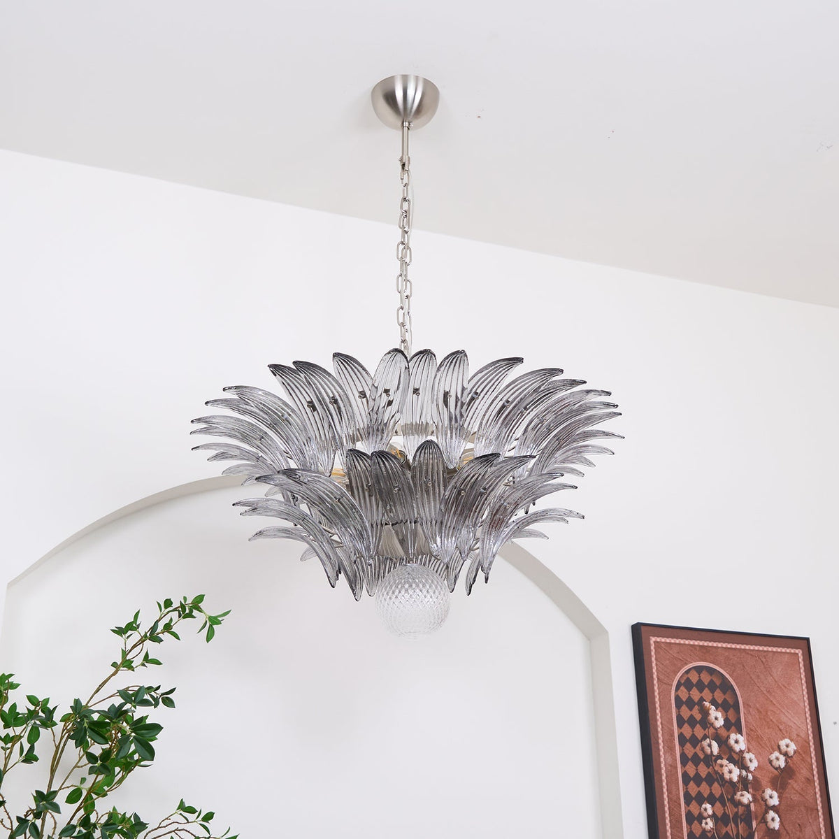 Candelabro Liororira com folha palmeta em vidro Murano transparente, em camadas