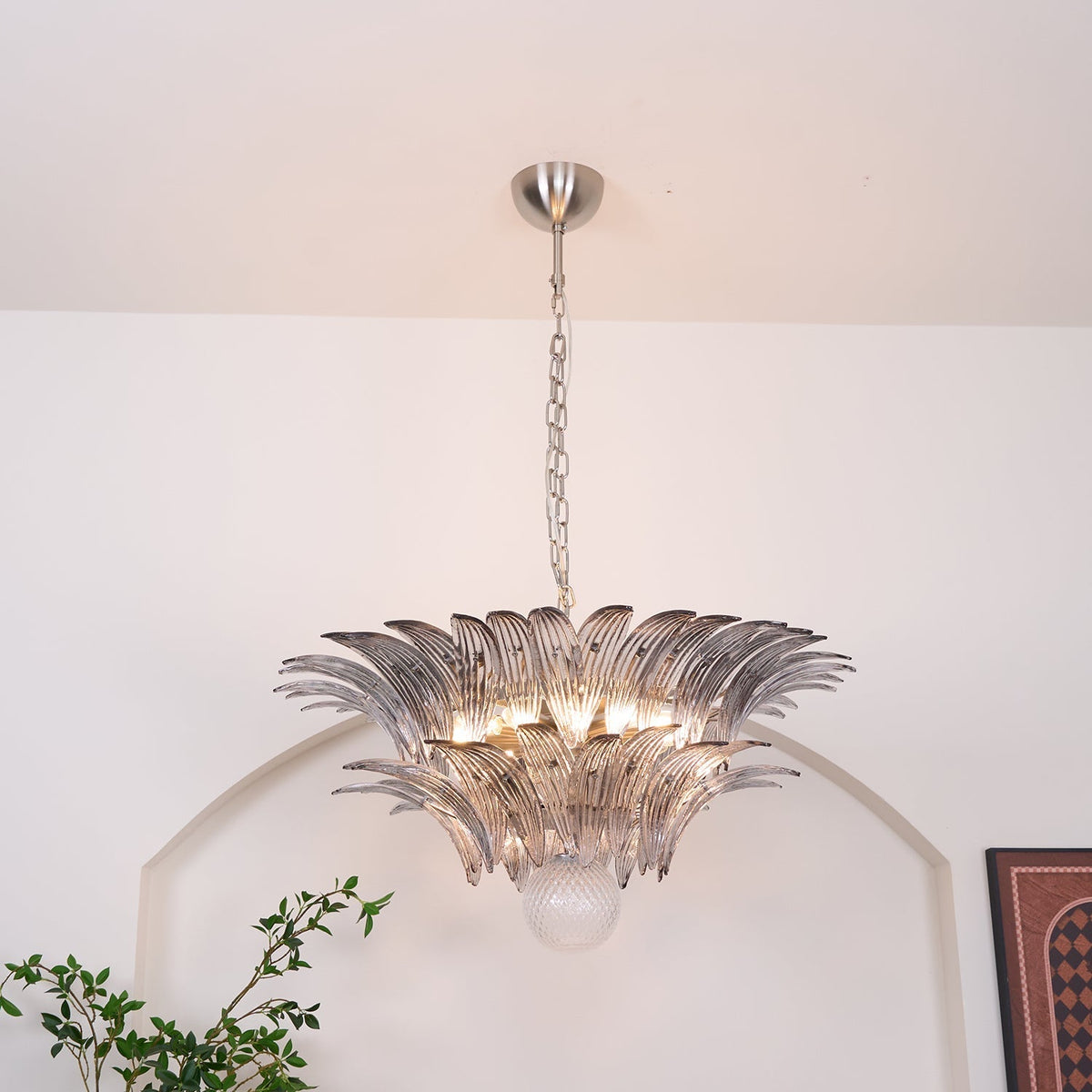 Candelabro Liororira com folha palmeta em vidro Murano transparente, em camadas