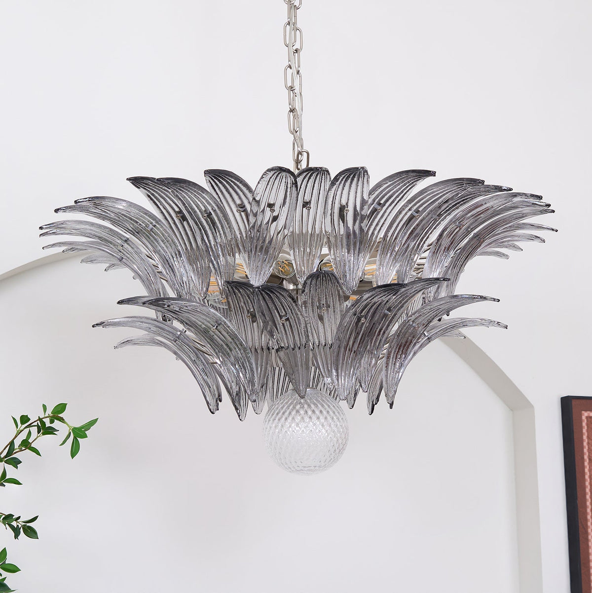 Candelabro Liororira com folha palmeta em vidro Murano transparente, em camadas