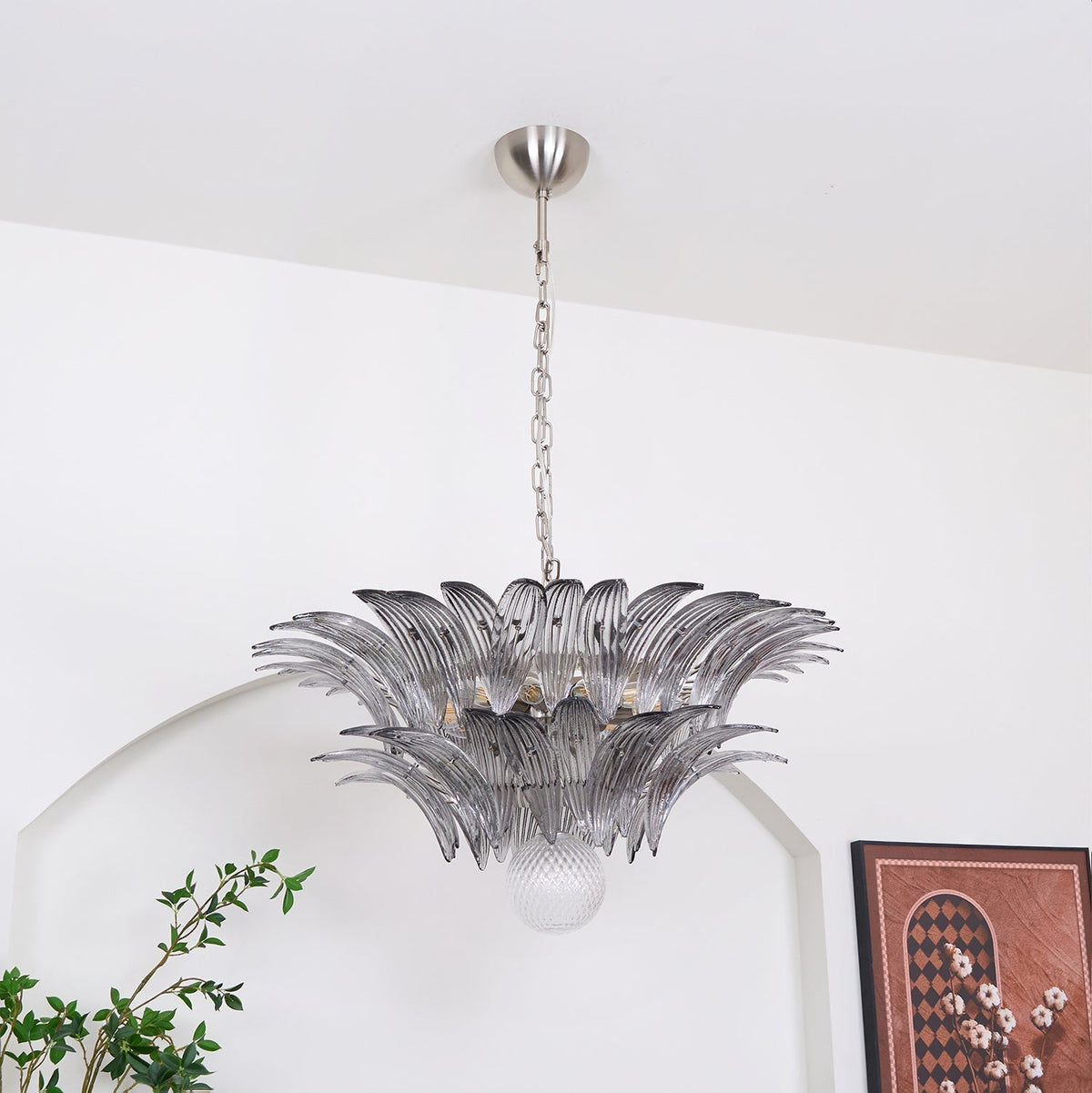 Candelabro Liororira com folha palmeta em vidro Murano transparente, em camadas