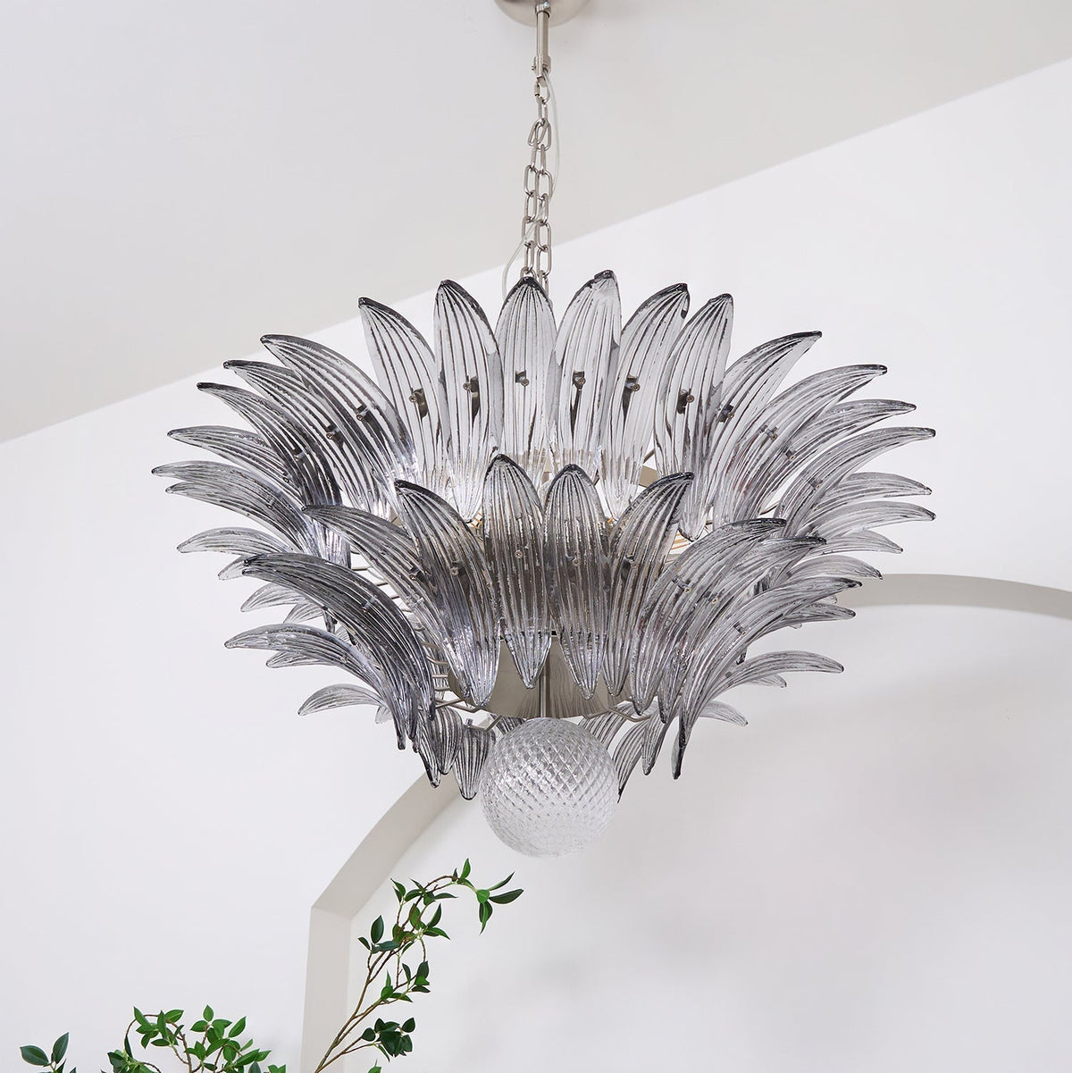 Candelabro Liororira com folha palmeta em vidro Murano transparente, em camadas