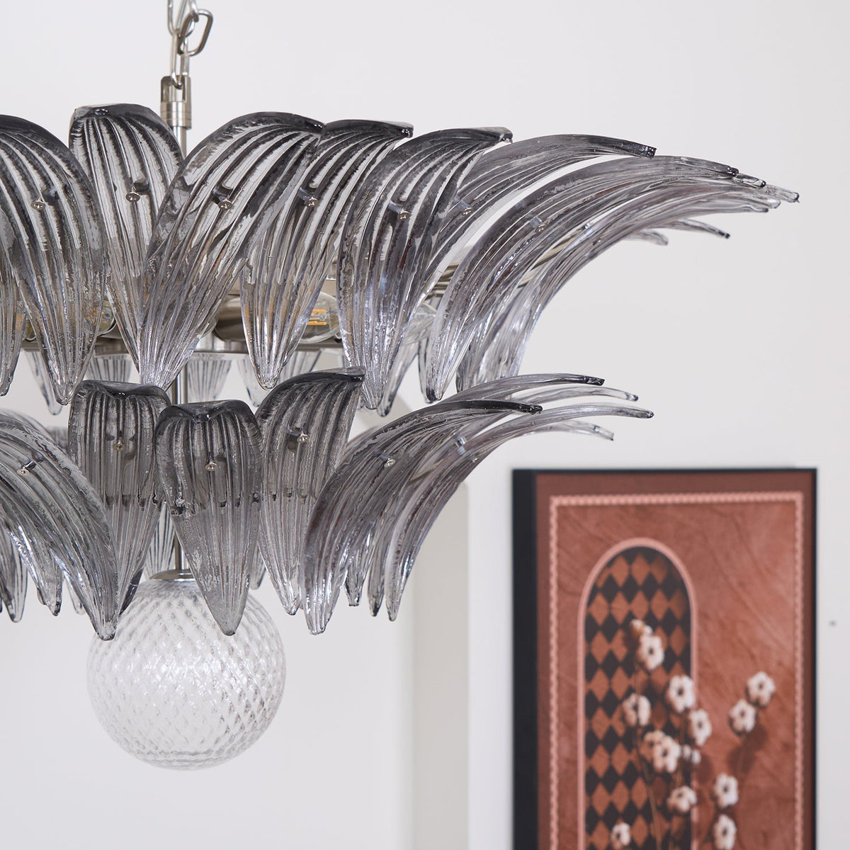 Candelabro Liororira com folha palmeta em vidro Murano transparente, em camadas