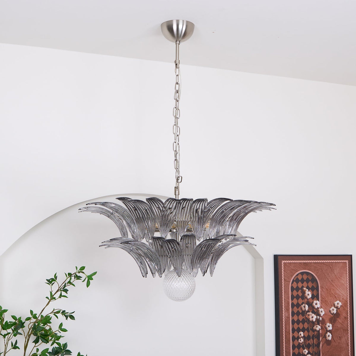 Candelabro Liororira com folha palmeta em vidro Murano transparente, em camadas