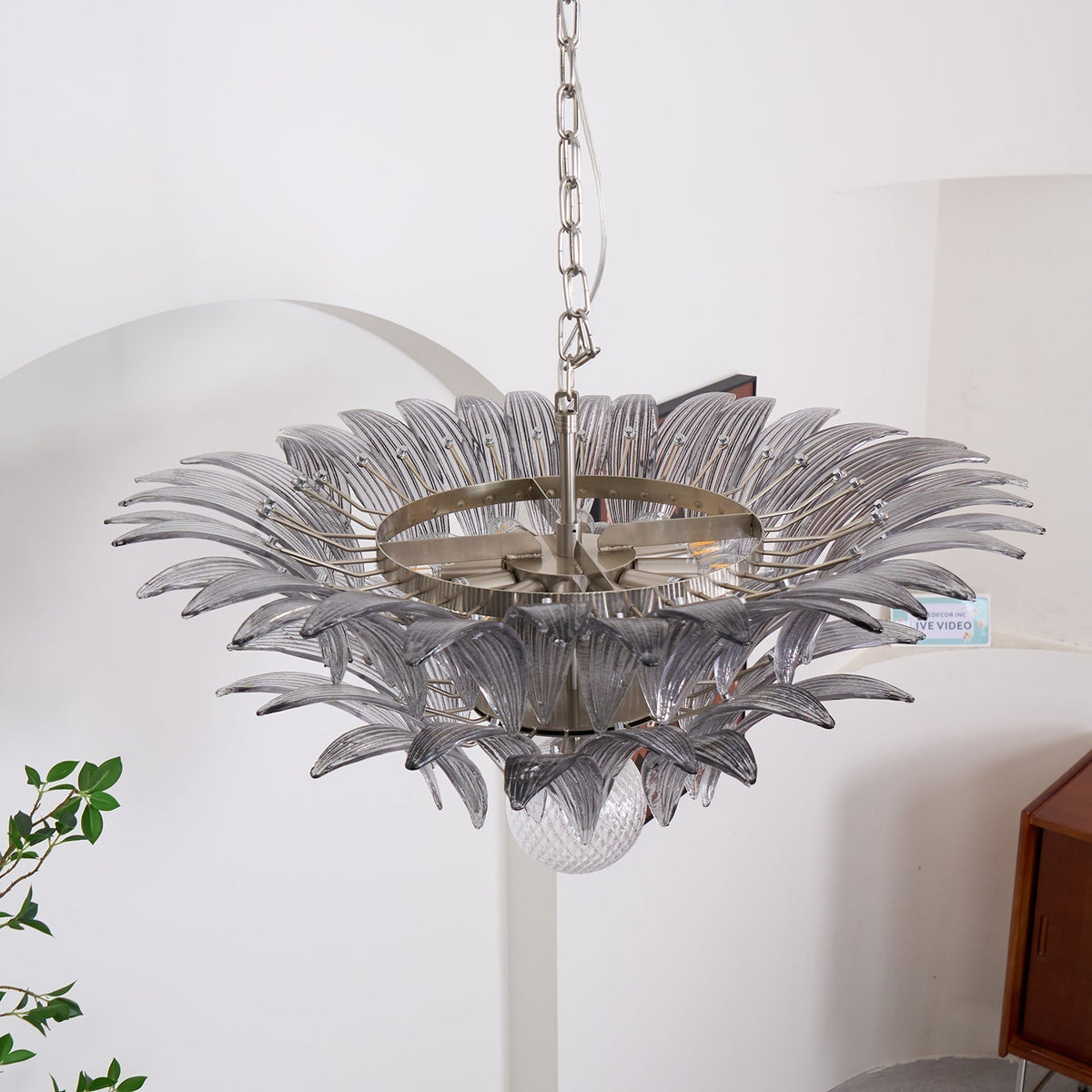 Candelabro Liororira com folha palmeta em vidro Murano transparente, em camadas