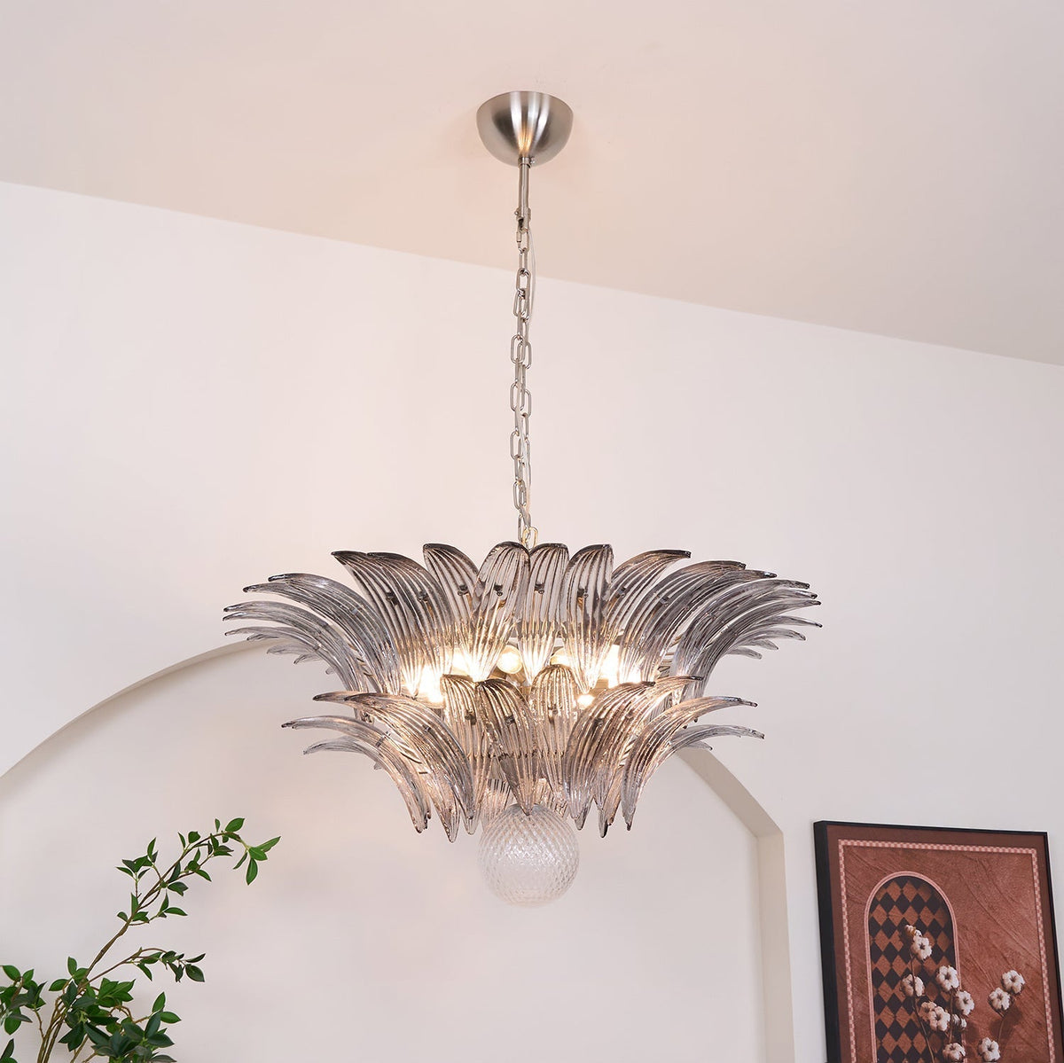 Candelabro Liororira com folha palmeta em vidro Murano transparente, em camadas