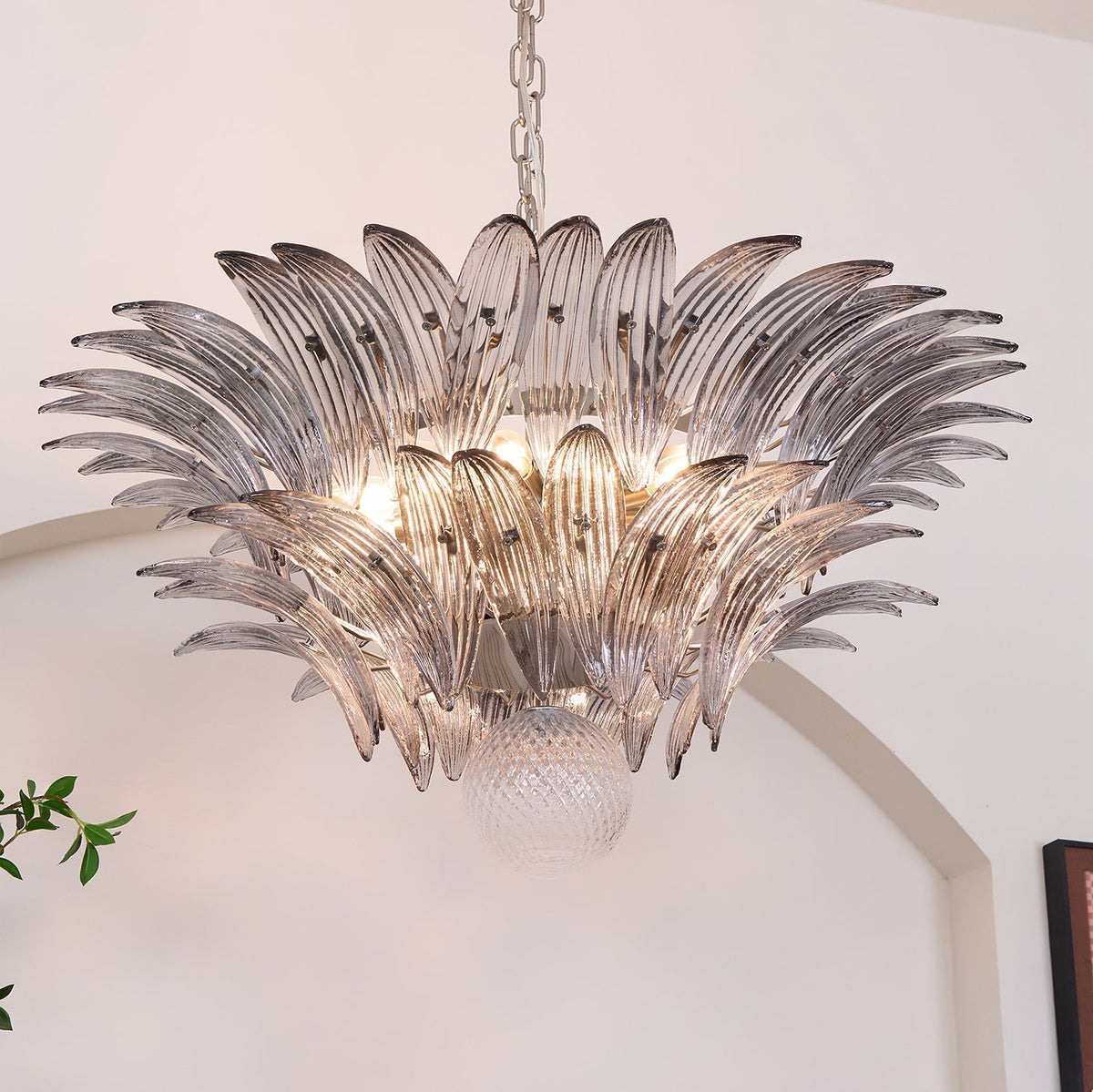 Candelabro Liororira com folha palmeta em vidro Murano transparente, em camadas