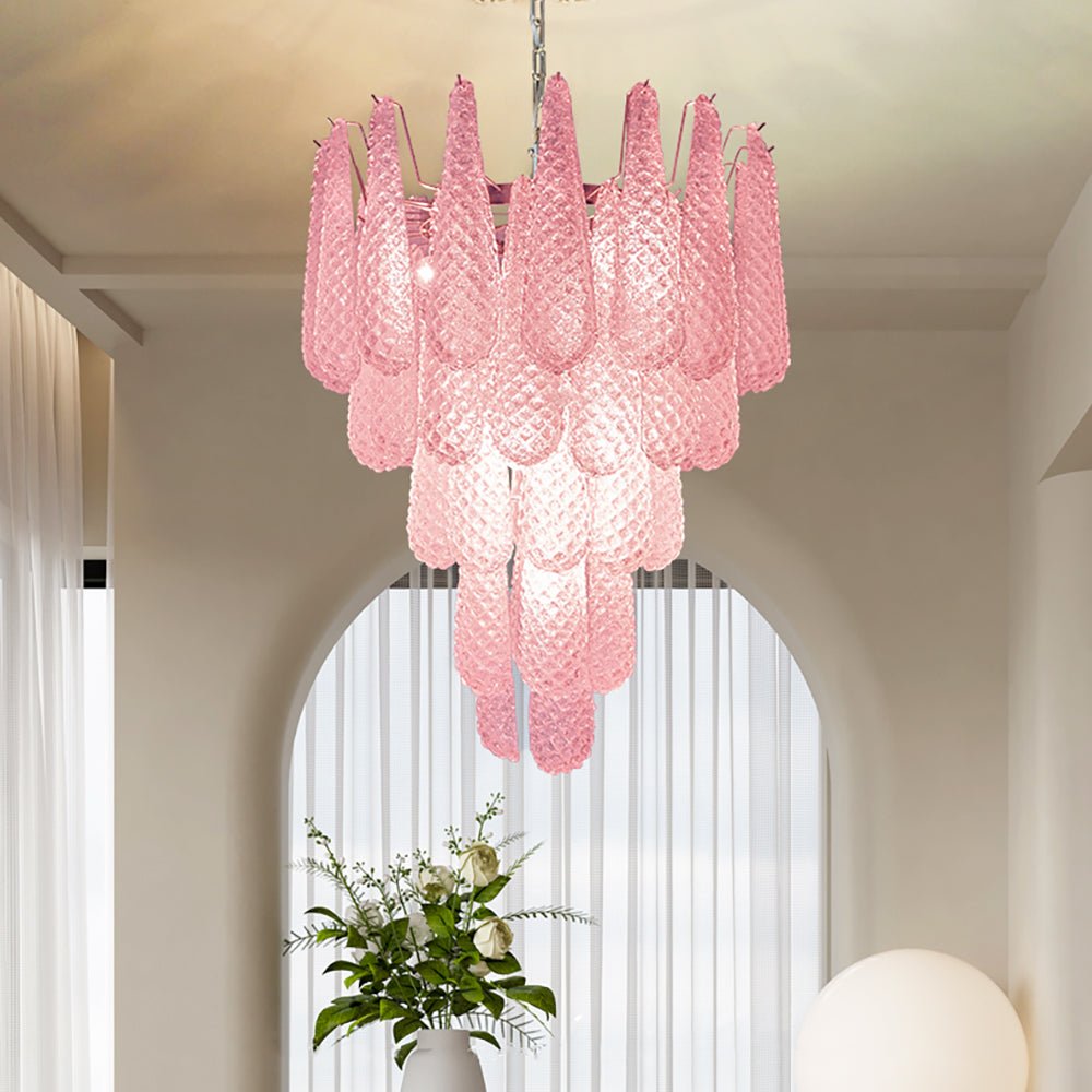 Veliena lysekrone med lyserøde dråber i Murano-glas, diamantmønster og vandfaldsdesign