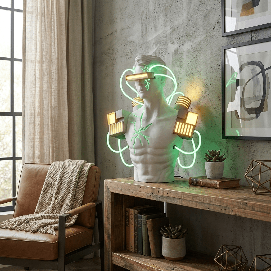 Neon Circuit brjóstmyndarskúlptúr og borðlampi