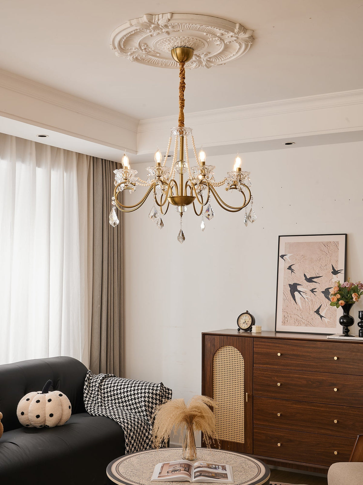 Candelabro Velaeyra pós-moderno de luxo em cristal com pérolas