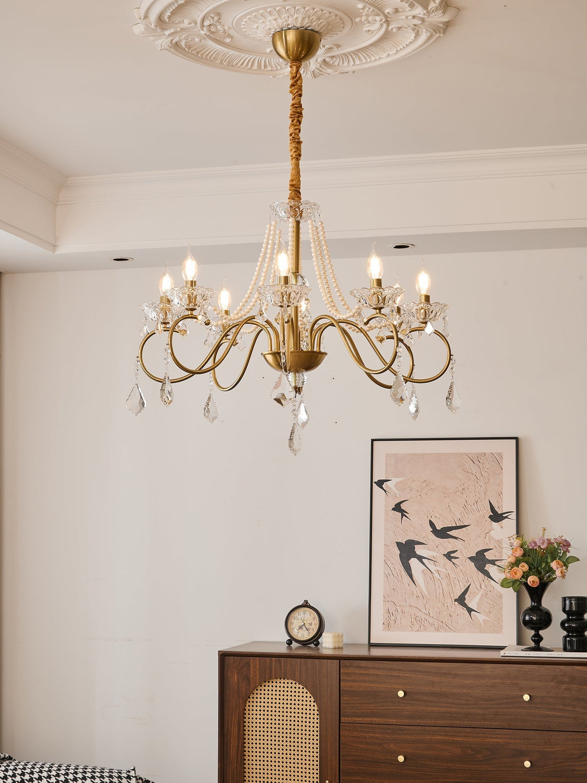 Candelabro Velaeyra pós-moderno de luxo em cristal com pérolas