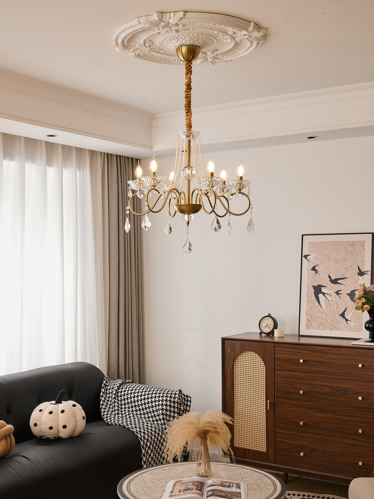 Candelabro Velaeyra pós-moderno de luxo em cristal com pérolas
