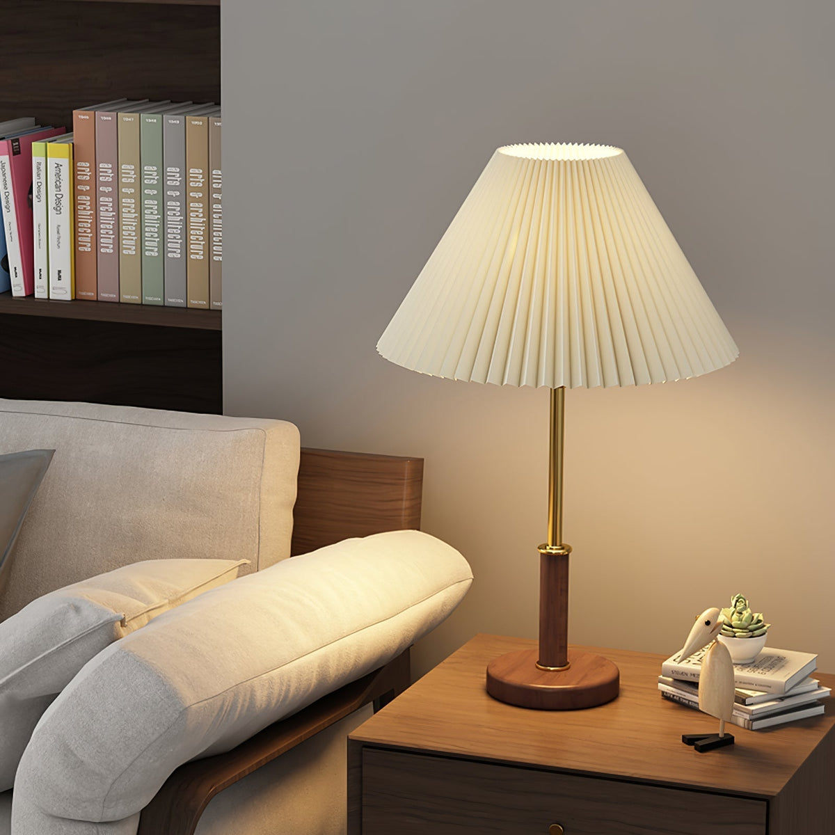 Fiora plisseret bordlampe i valnøddetræ