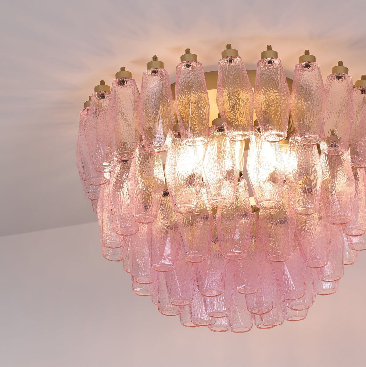 Candeeiro de teto Celelaya Poliedri em vidro Murano cor-de-rosa, em camadas e de montagem embutida