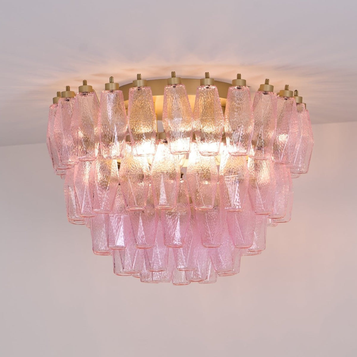 Candeeiro de teto Celelaya Poliedri em vidro Murano cor-de-rosa, em camadas e de montagem embutida