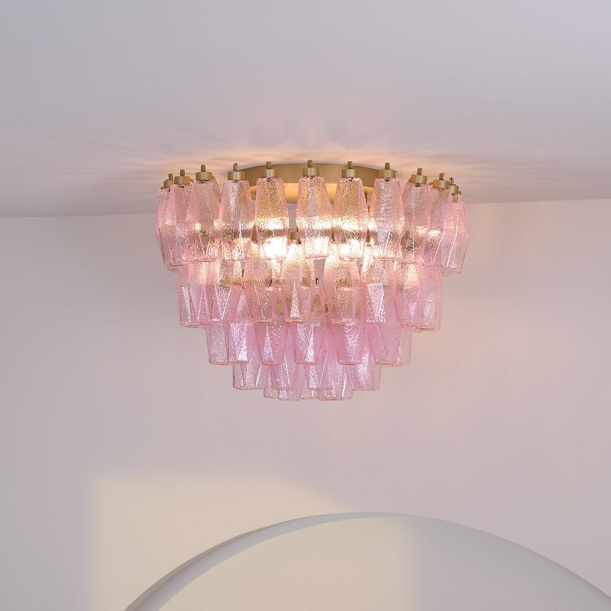 Candeeiro de teto Celelaya Poliedri em vidro Murano cor-de-rosa, em camadas e de montagem embutida