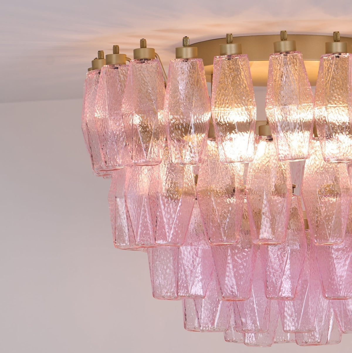 Candeeiro de teto Celelaya Poliedri em vidro Murano cor-de-rosa, em camadas e de montagem embutida