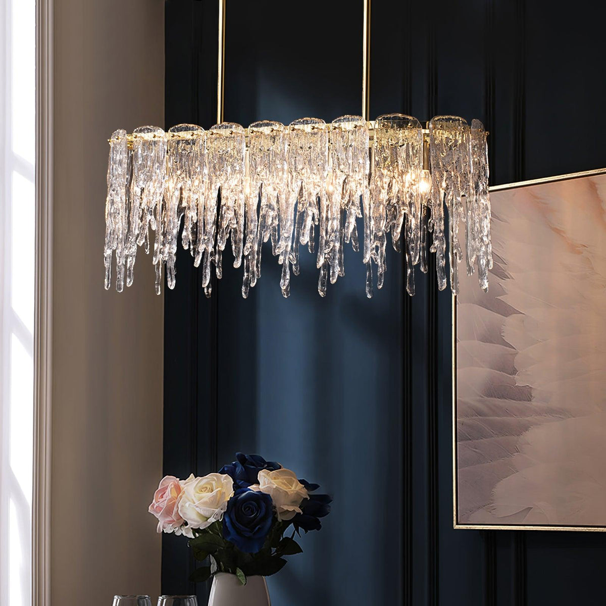 Candelabro de cristal de luxo retangular em forma de estalactite de gelo Cathaa pós-moderno