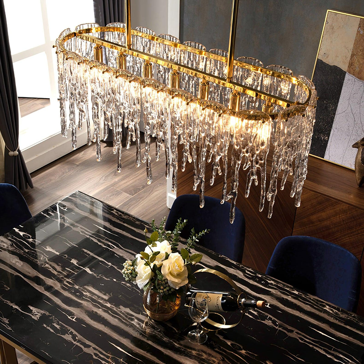 Candelabro de cristal de luxo retangular em forma de estalactite de gelo Cathaa pós-moderno
