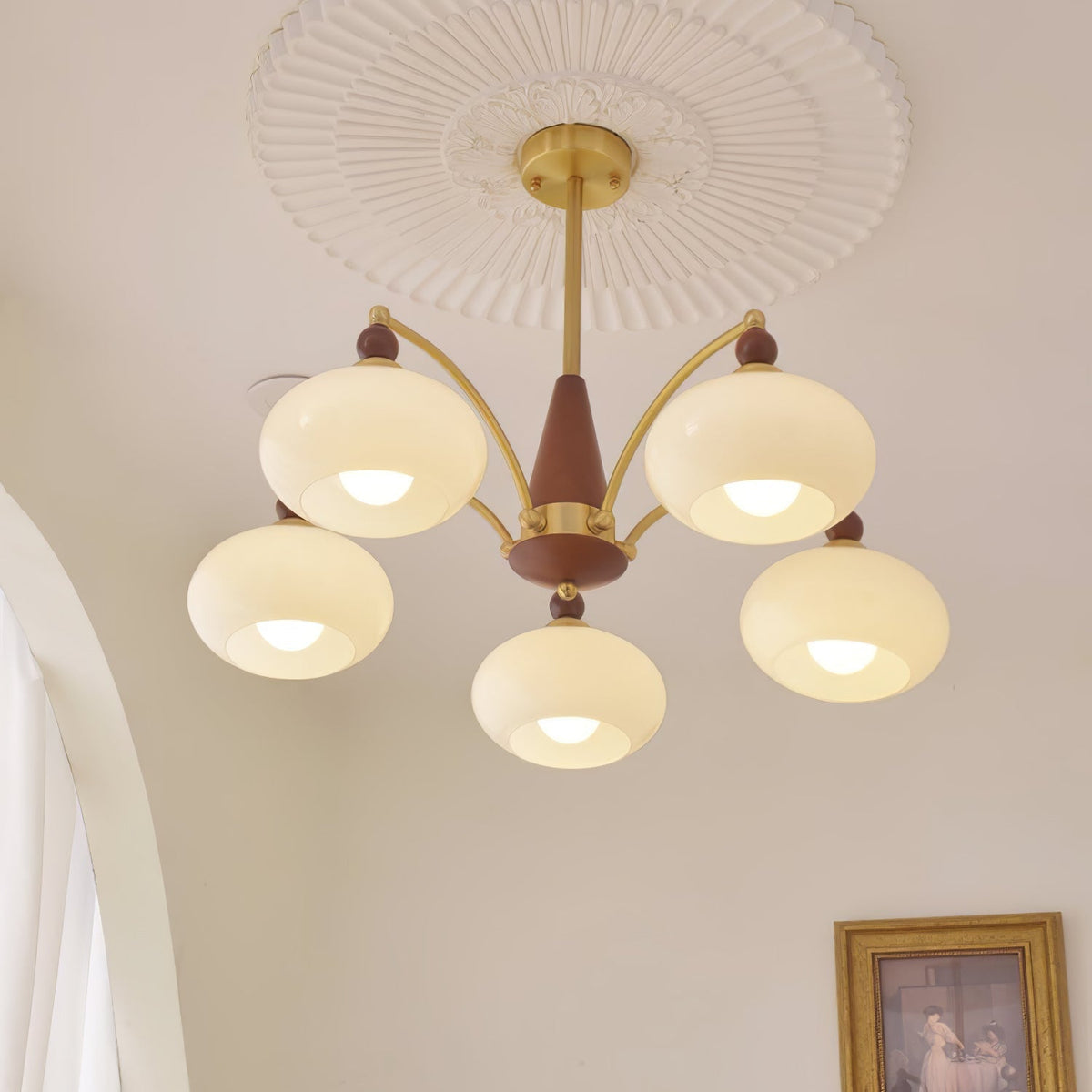 Vevely retro-pendellampe i gult glas og messing