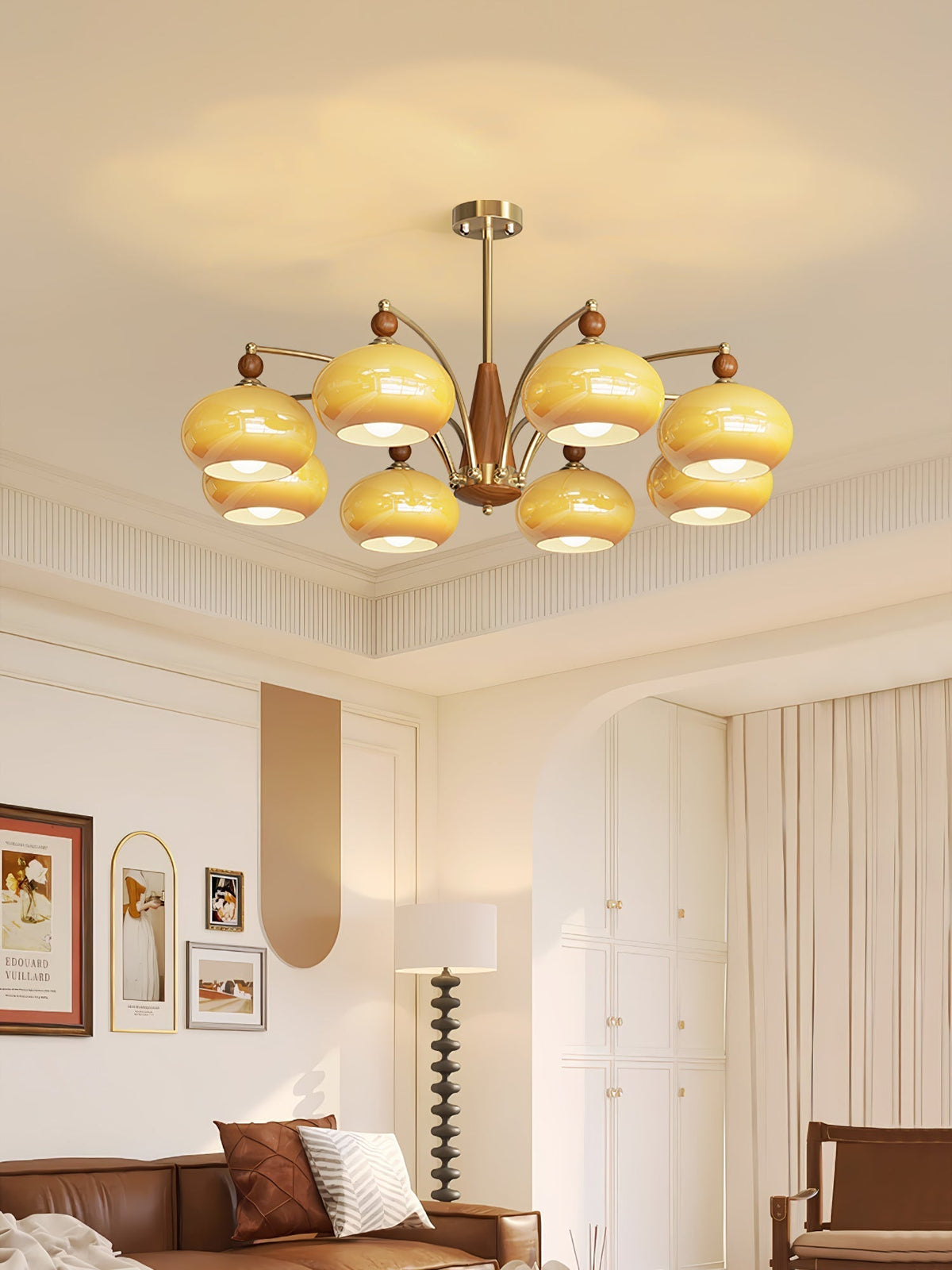 Vevely retro-pendellampe i gult glas og messing