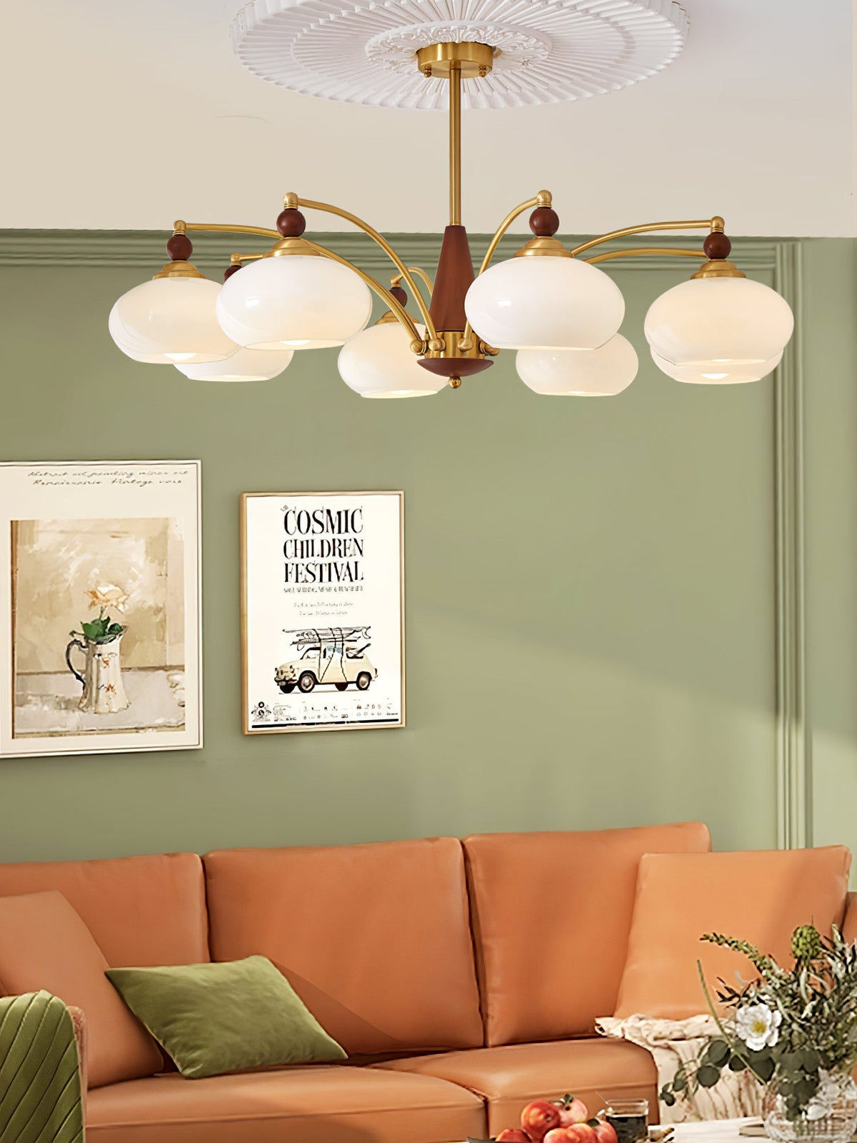 Vevely retro-pendellampe i gult glas og messing