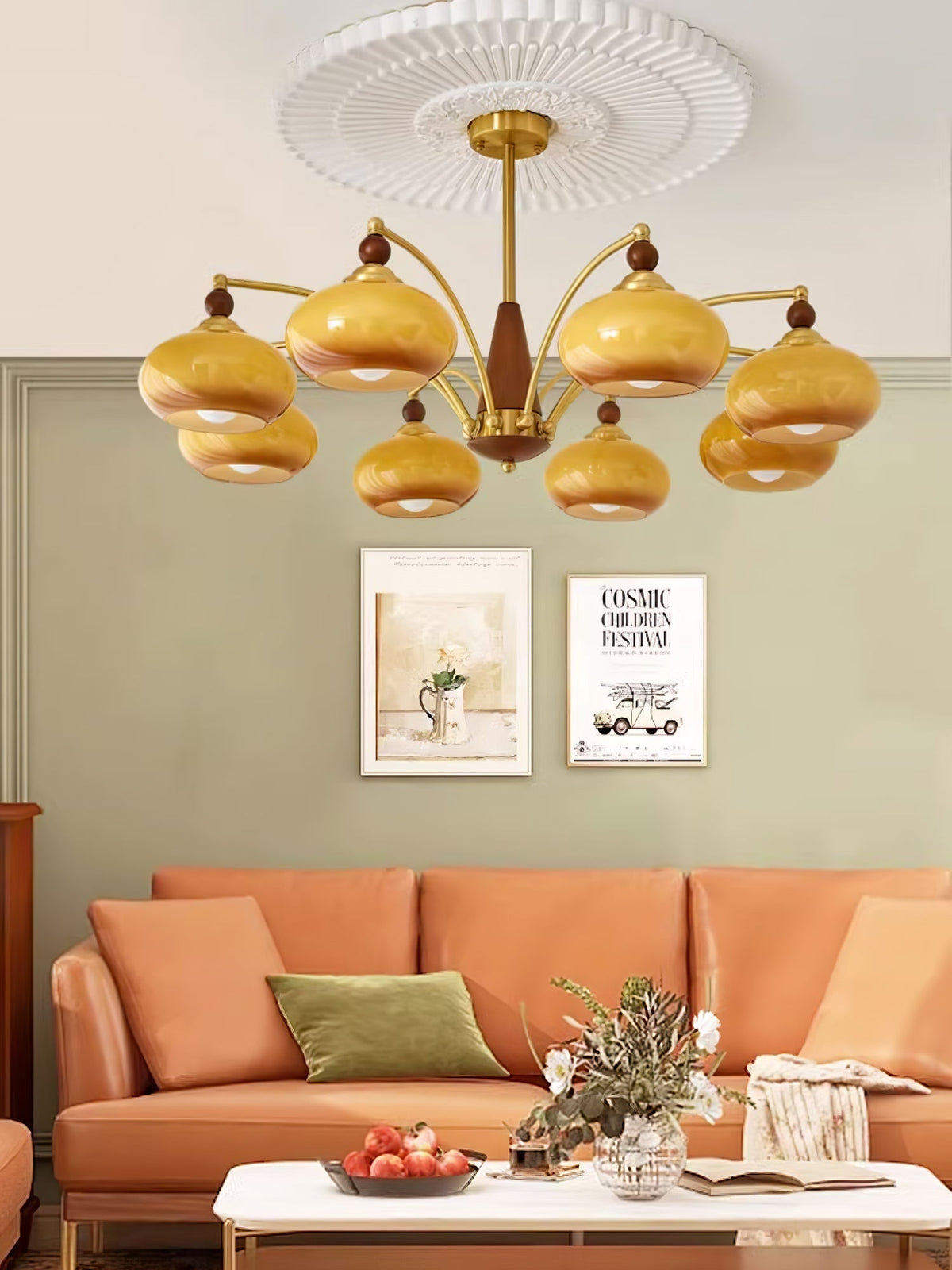 Vevely retro-pendellampe i gult glas og messing
