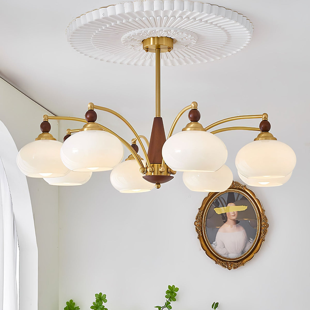 Vevely retro-pendellampe i gult glas og messing