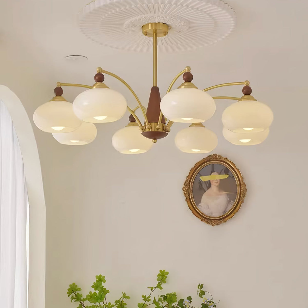 Vevely retro-pendellampe i gult glas og messing