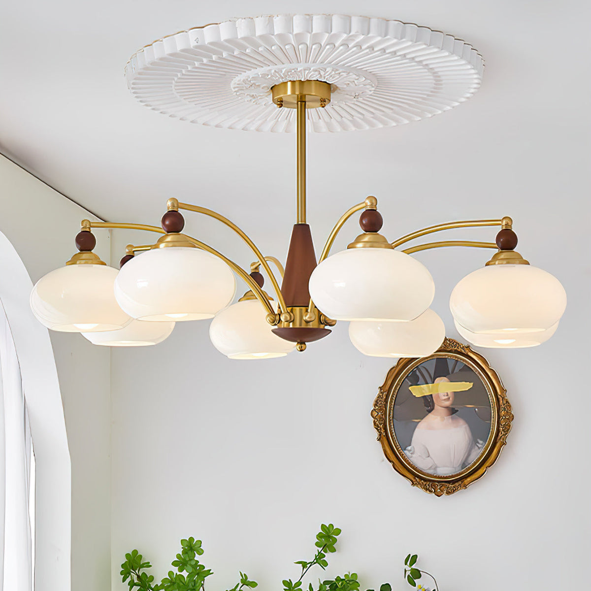 Vevely retro-pendellampe i gult glas og messing