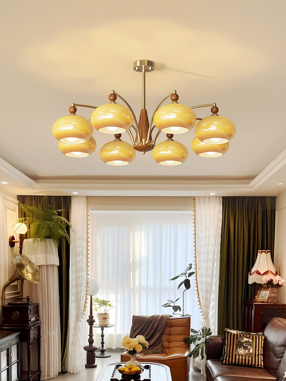 Vevely retro-pendellampe i gult glas og messing