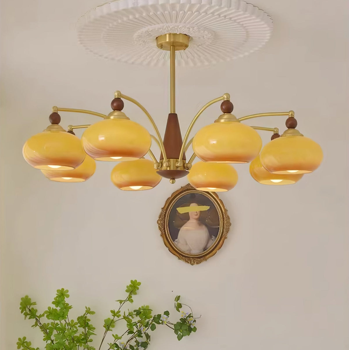 Vevely retro-pendellampe i gult glas og messing
