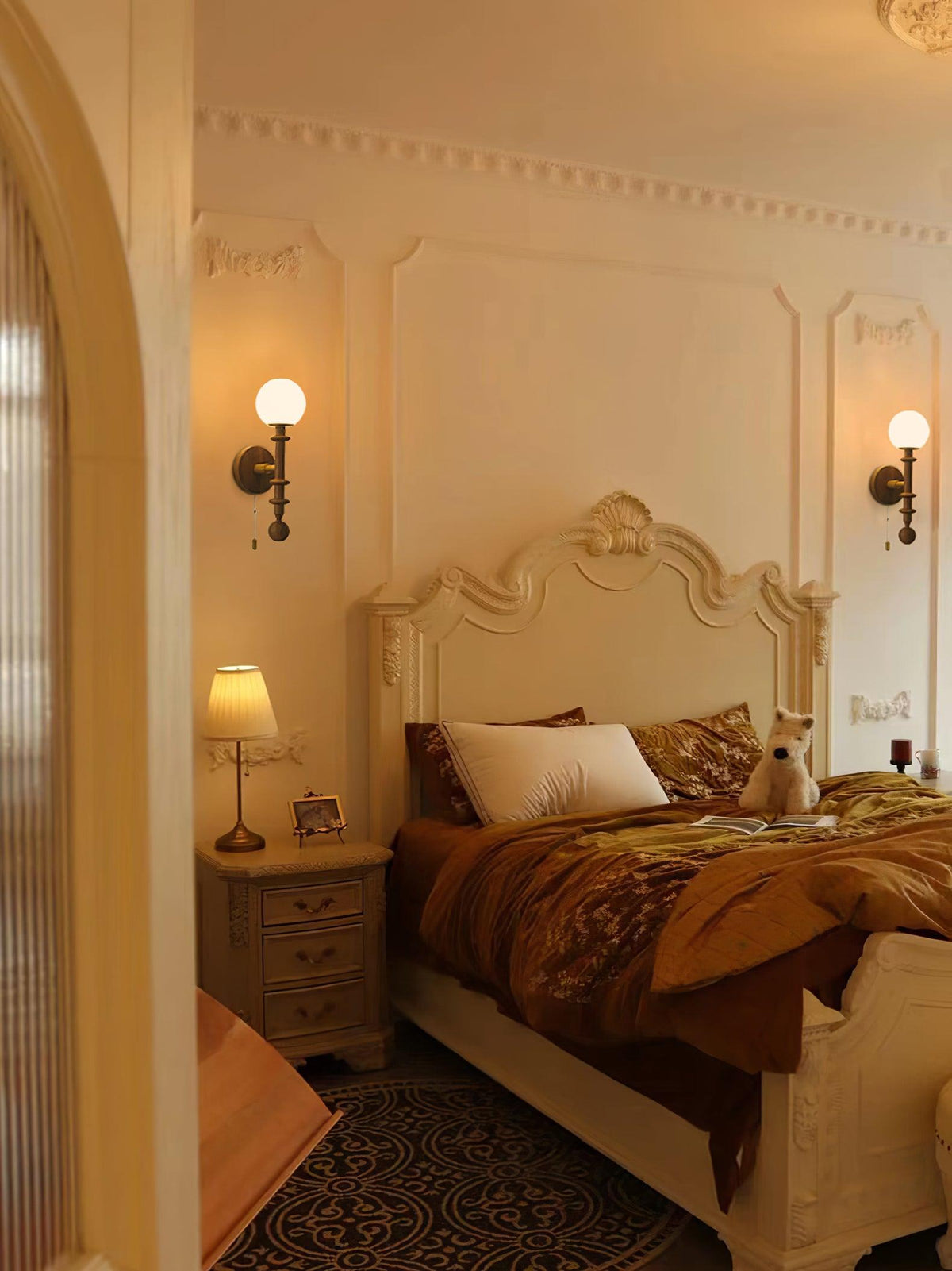 Candeeiro de parede elegante em vidro e madeira com coluna romana Elmiror