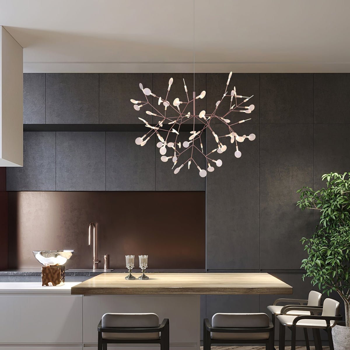 Auroreon lysekrone i rosaguld med LED-grene som ildfluer
