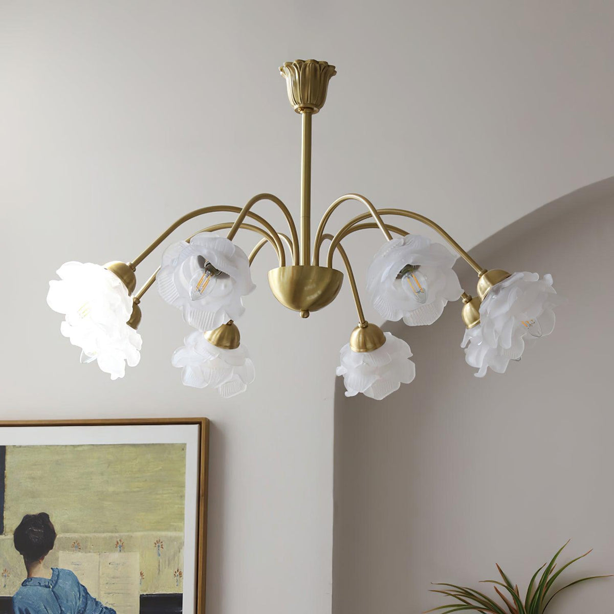 Candelabro em latão e vidro com flores de rosa Brenis