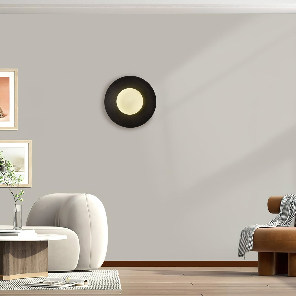 Elem modern minimalistisk rund vägglampa i konstglas och mässing