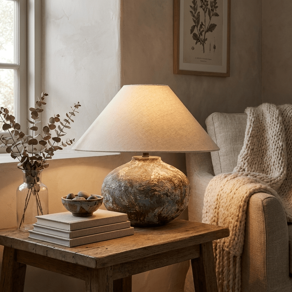 Odrielle bordlampe i keramisk materiale med slidt look