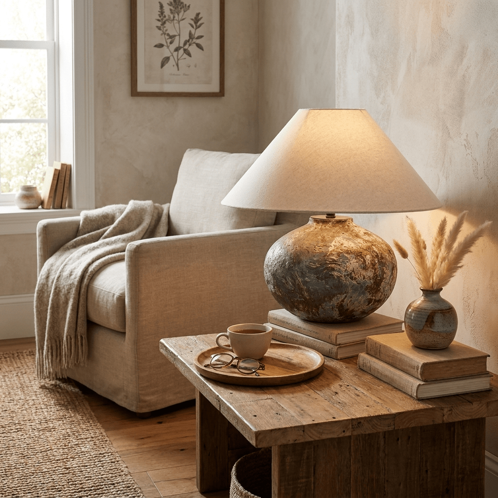 Odrielle bordlampe i keramisk materiale med slidt look