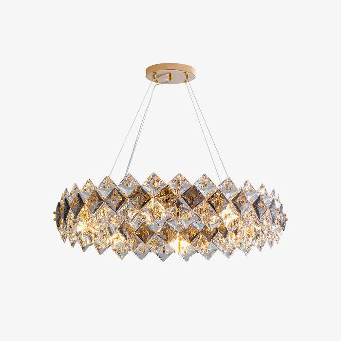 Luxenine rund lysekrone med skalaformet krystal, guldfinish og LED