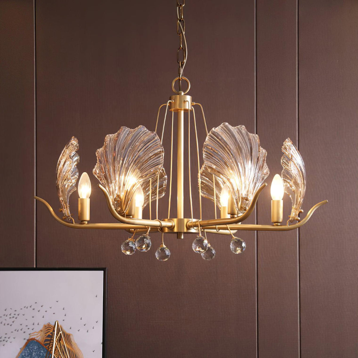 Candeeiro de teto Luxereon em cobre, com folhas de cristal