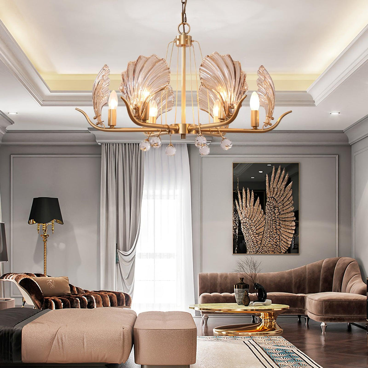 Candeeiro de teto Luxereon em cobre, com folhas de cristal