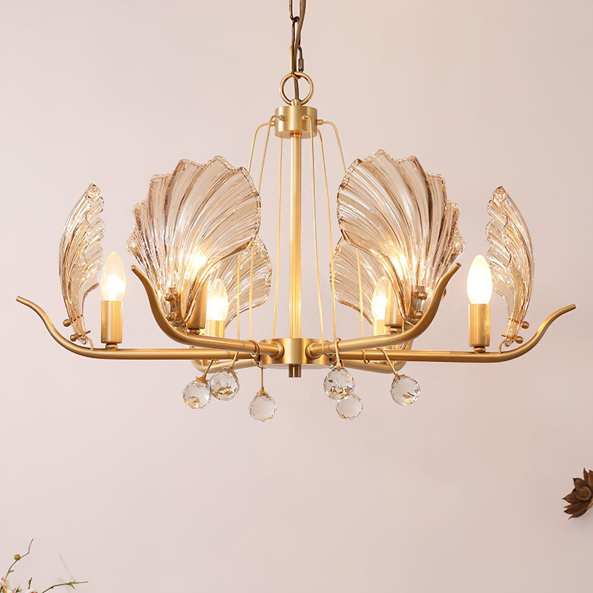 Candeeiro de teto Luxereon em cobre, com folhas de cristal