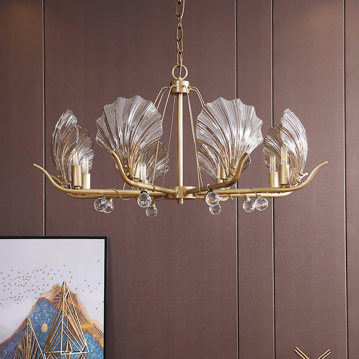 Candeeiro de teto Luxereon em cobre, com folhas de cristal