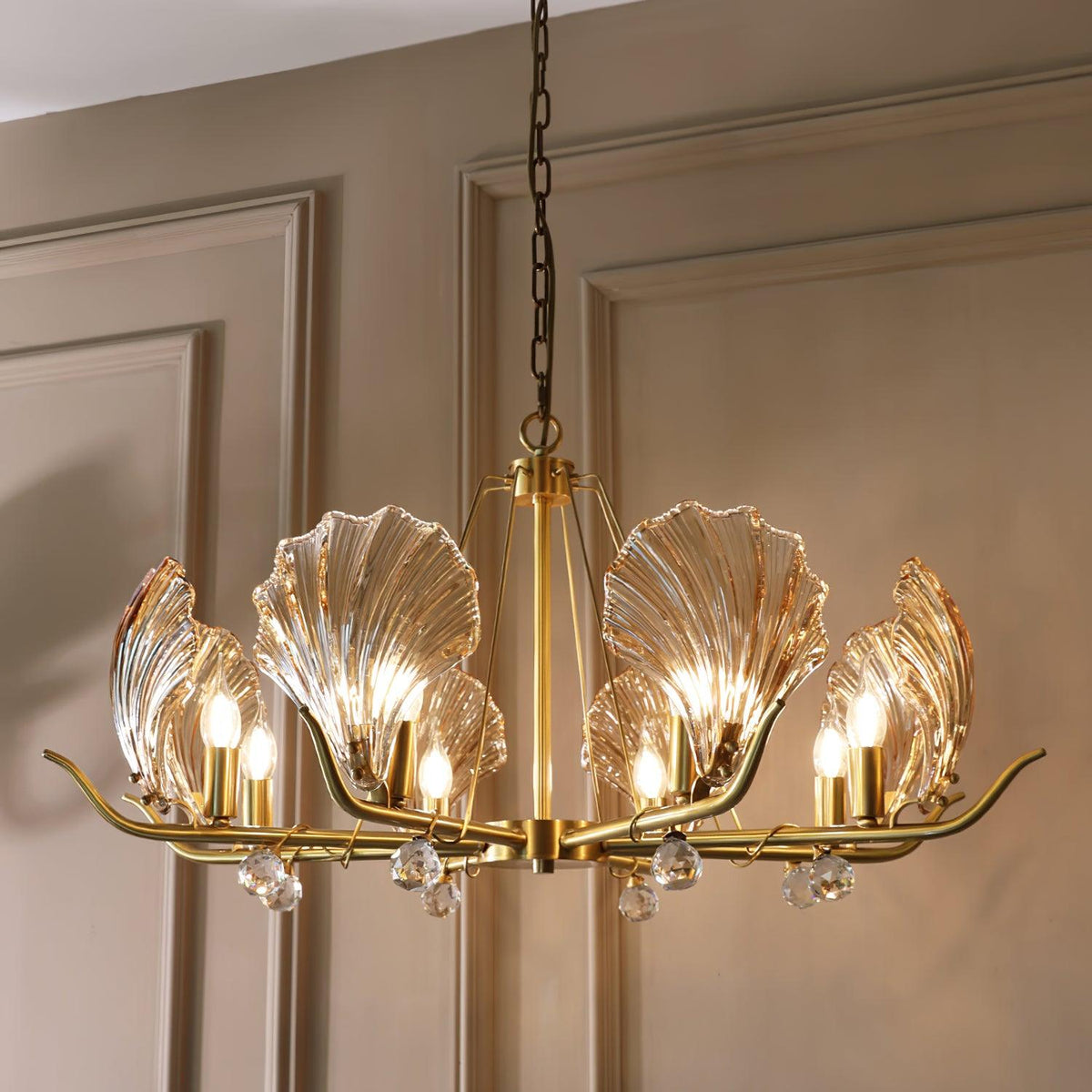 Candeeiro de teto Luxereon em cobre, com folhas de cristal