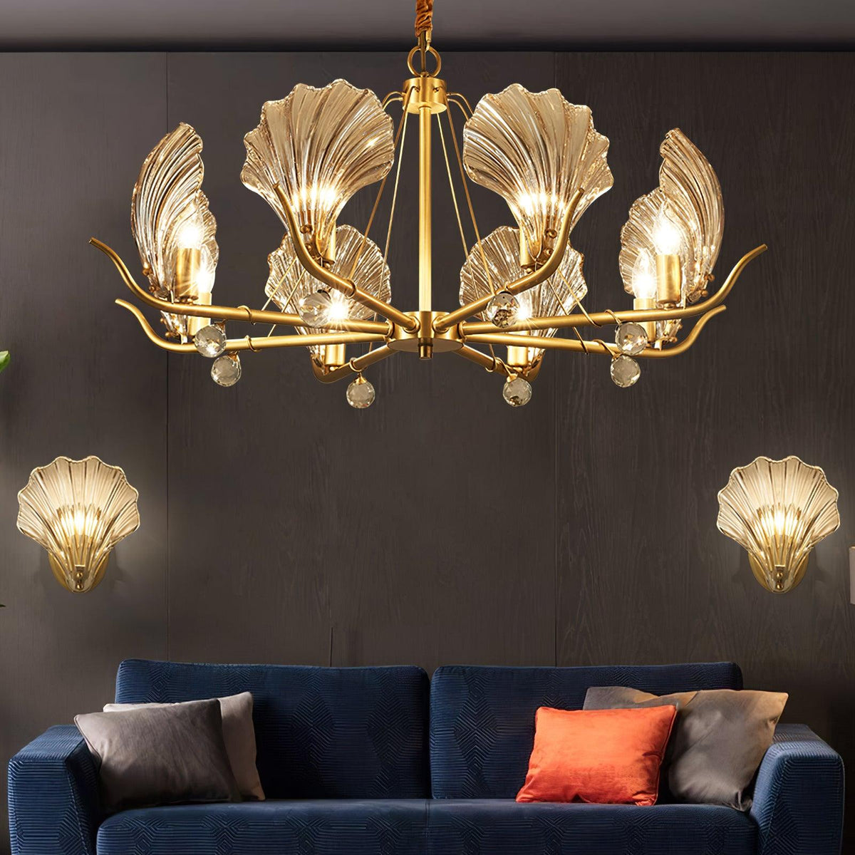 Candeeiro de teto Luxereon em cobre, com folhas de cristal