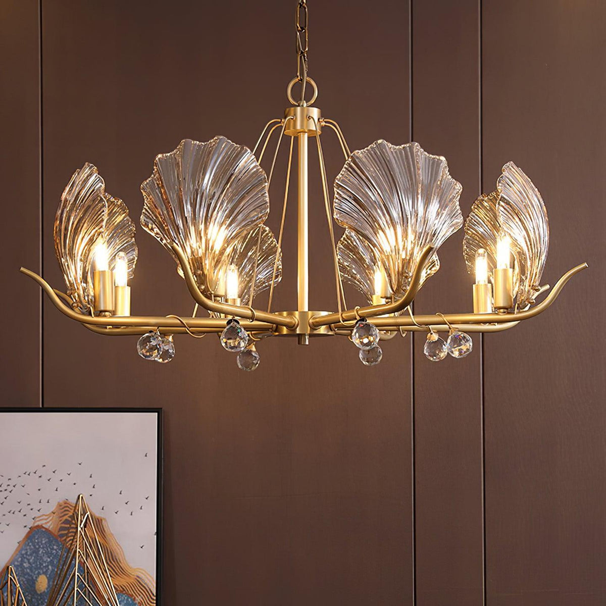 Candeeiro de teto Luxereon em cobre, com folhas de cristal