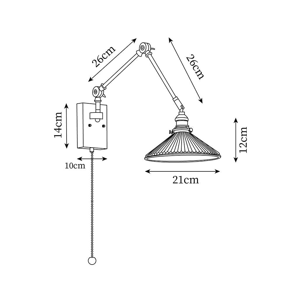 Vägglampa med justerbar arm, veckad skärm och valnötsfot, vintage arbetslampa