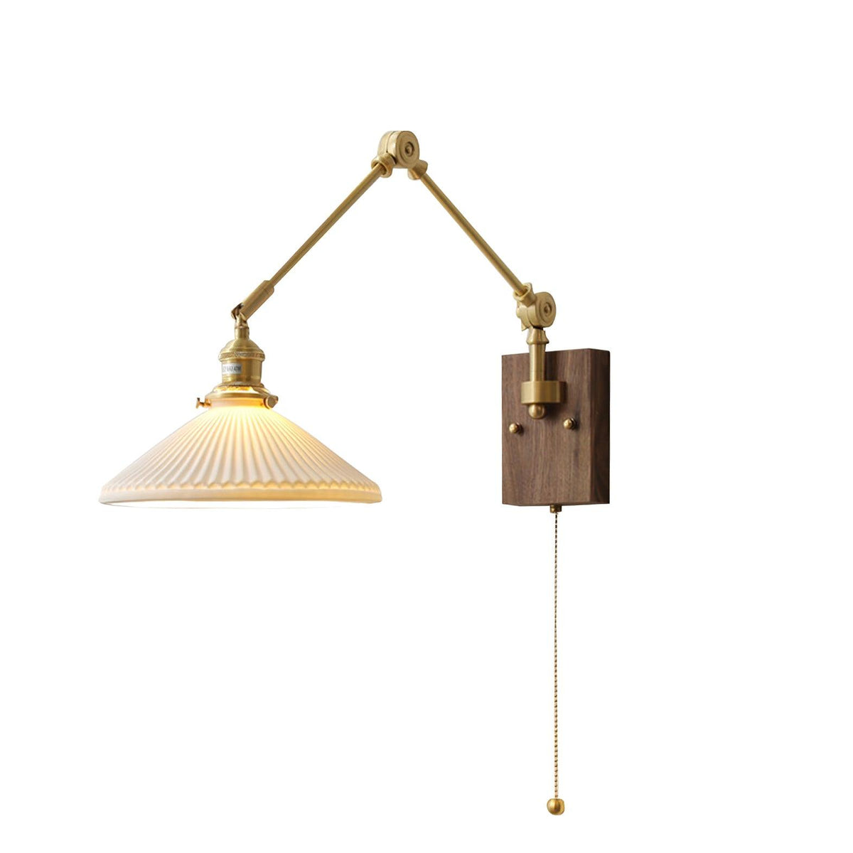 Vägglampa med justerbar arm, veckad skärm och valnötsfot, vintage arbetslampa